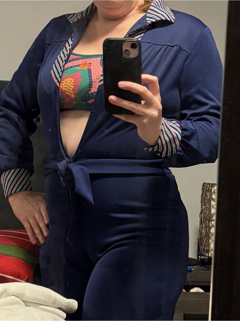 Vintage Women’s Navy Jumpsuit chevron details with Tie Waist